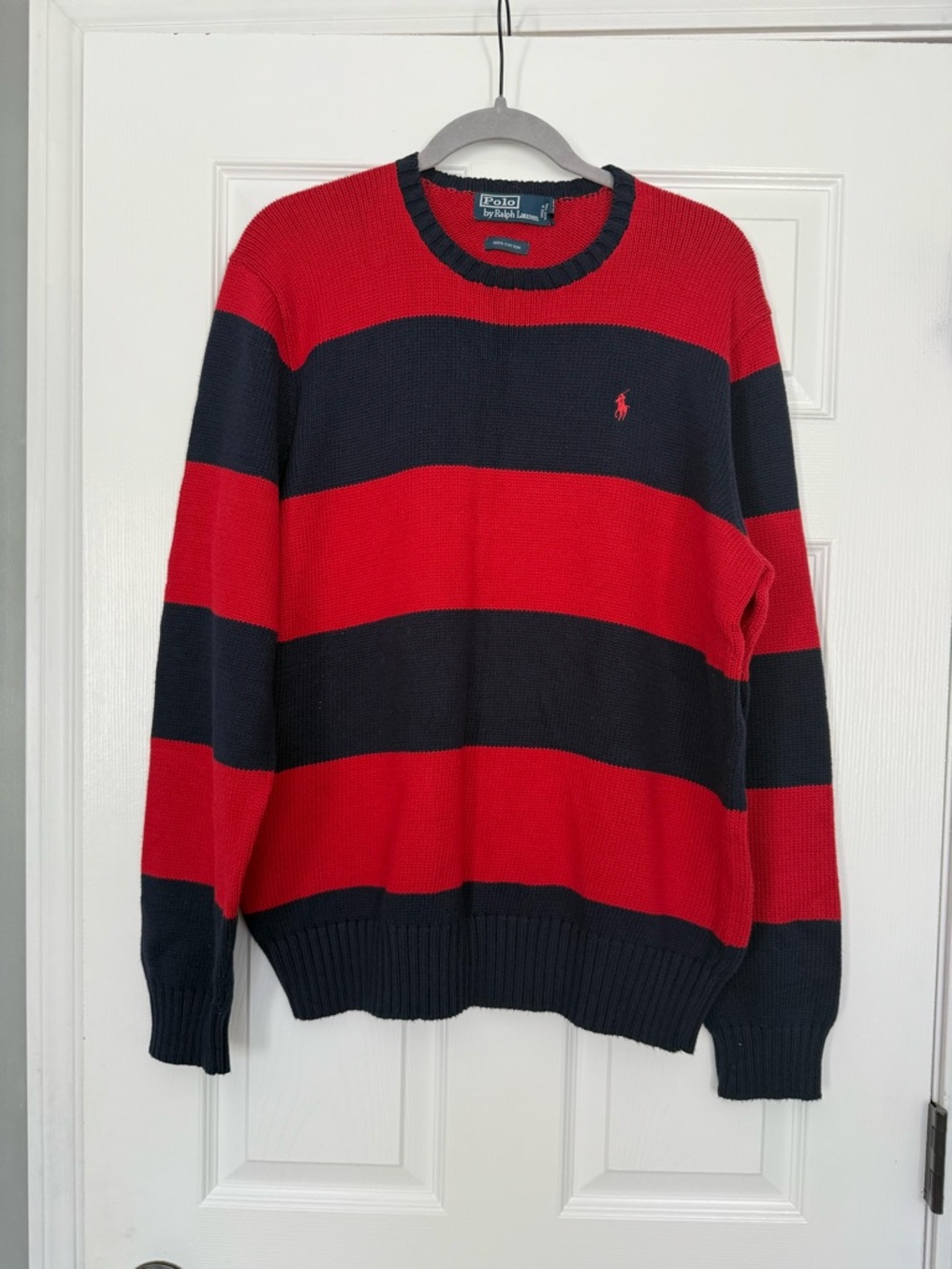 Ralph Lauren Red & Navy Wide-Stripe Crewneck Sweater- 100% cotton-large